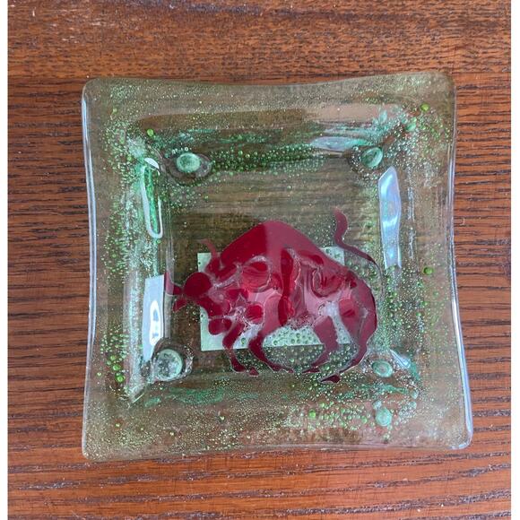 Opalo Vidrio Reposado Al Fuego Green Fused Art Glass Trinket Dish Bull Taurus 4" - Picture 9 of 10